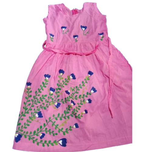 Hand embroidery colorful flowers pink frocks for girls, baby dress.